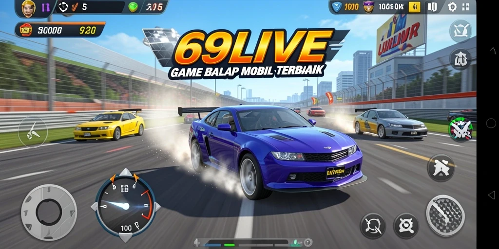 Screenshot utama 69LIVE menampilkan aksi balapan seru dengan mobil yang melaju cepat.