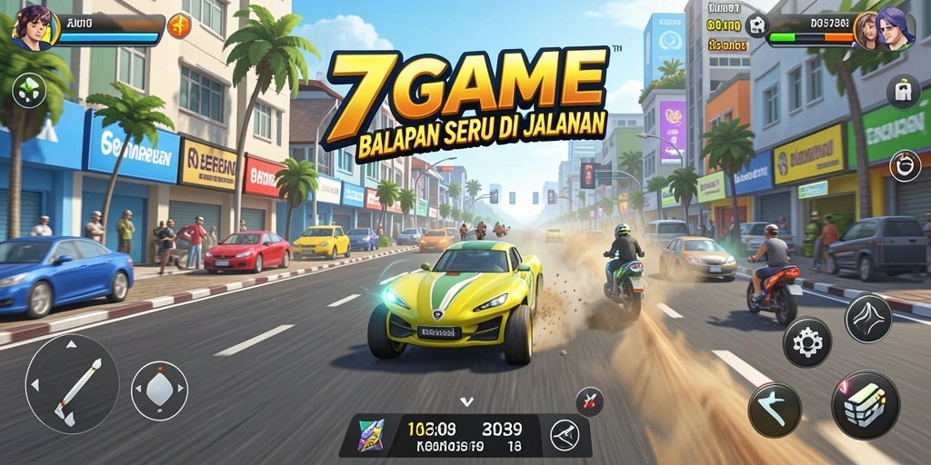 Tampilan gameplay 7GAME yang menegangkan di lintasan balap.
