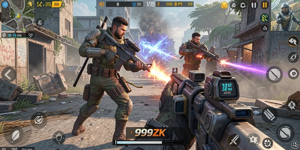 Gameplay menegangkan di dalam 999ZK dengan aksi tembak-menembak yang intens.
