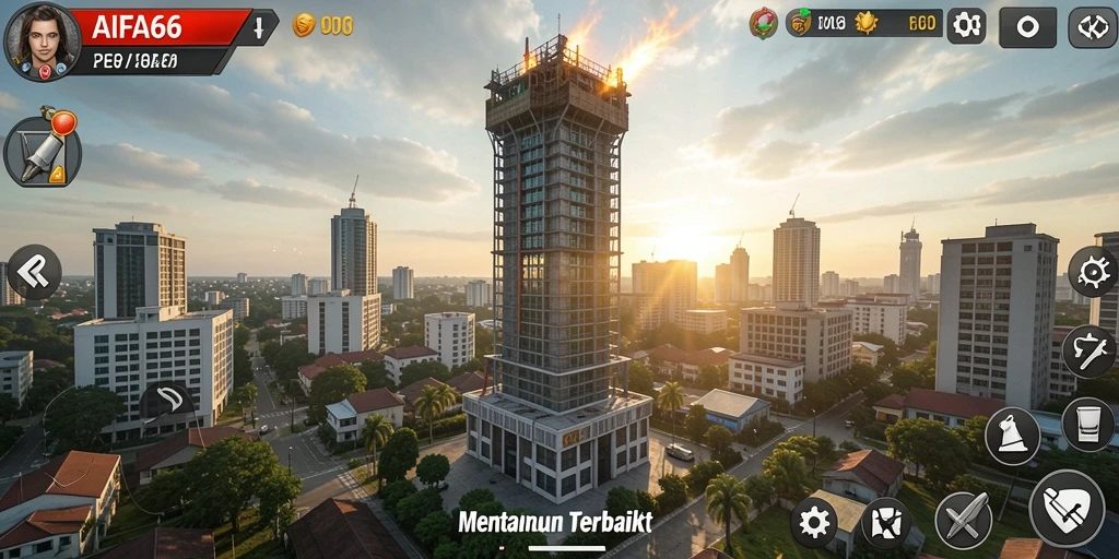 Tangkapan layar gameplay AIFA66 yang menampilkan pertahanan menara yang kokoh.