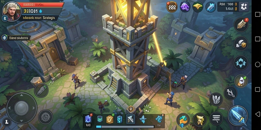 Screenshot dari gameplay tegang di BARU01 yang menunjukkan menara bertahan.