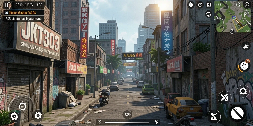 Tampilan gameplay JKT303 menampilkan interaksi kota yang dinamis.