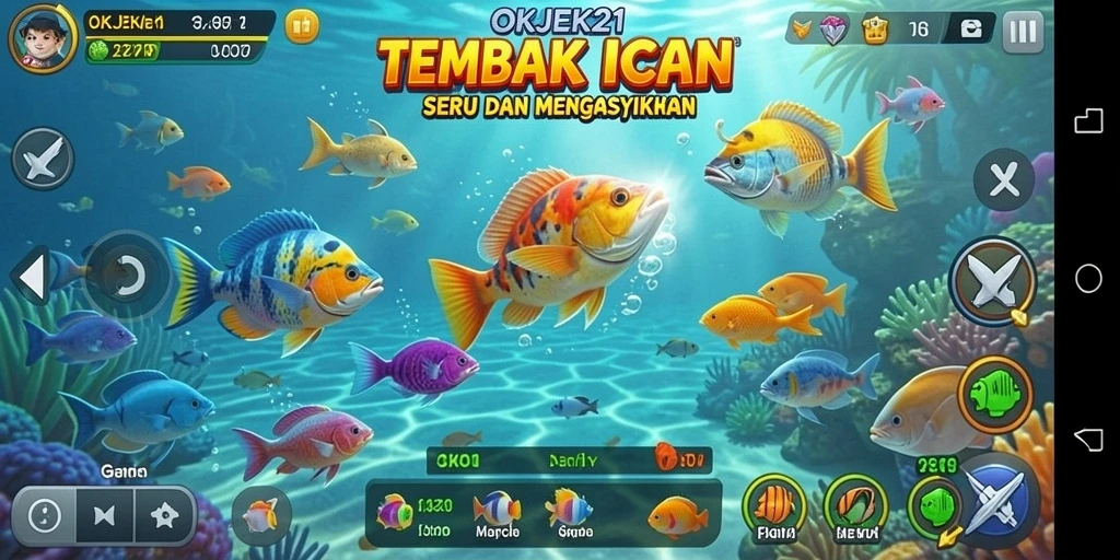 Screenshot menunjukkan gameplay seru Tembak Ikan di OKJEK21.