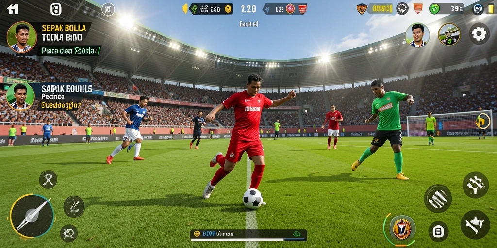 Screenshot gameplay PP7 menampilkan aksi seru di lapangan sepak bola.