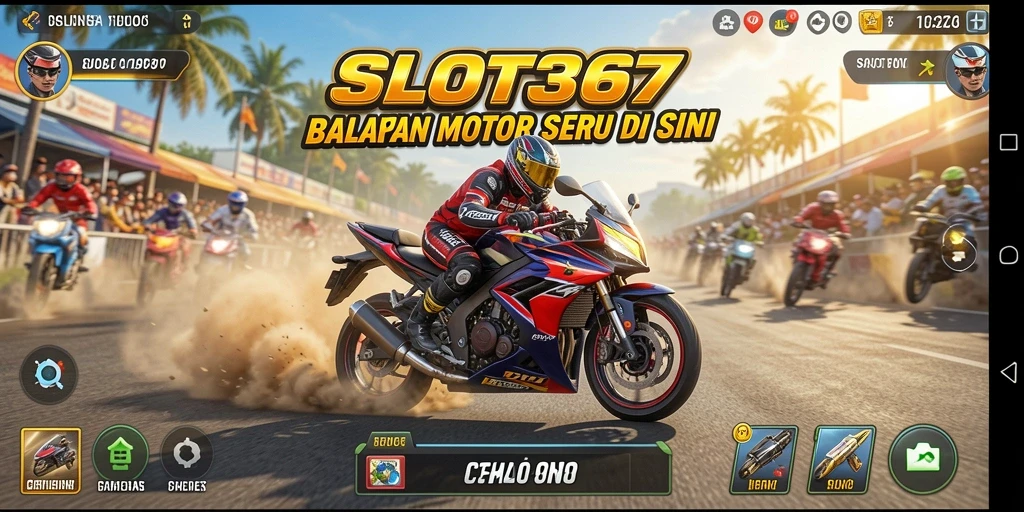 Tampilan gameplay menegangkan dari SLOT367 menunjukkan balapan motor yang seru.